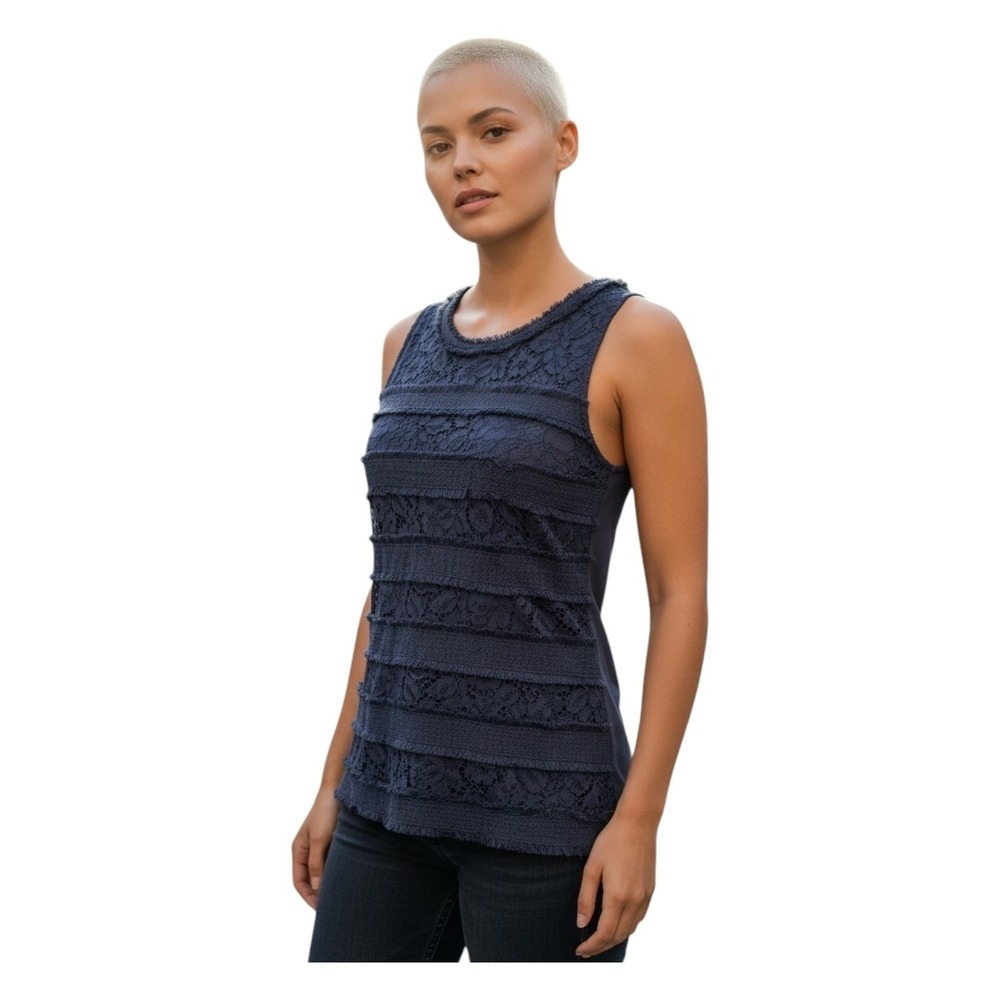 J.‎ Crew Navy Blue Lace Trim Top Sleeveless Mixed Media Office Career Preppy XS